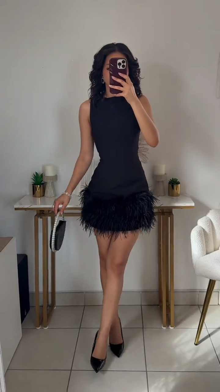 Claudia | Elegant Sleeveless Mini Dress with Feathers