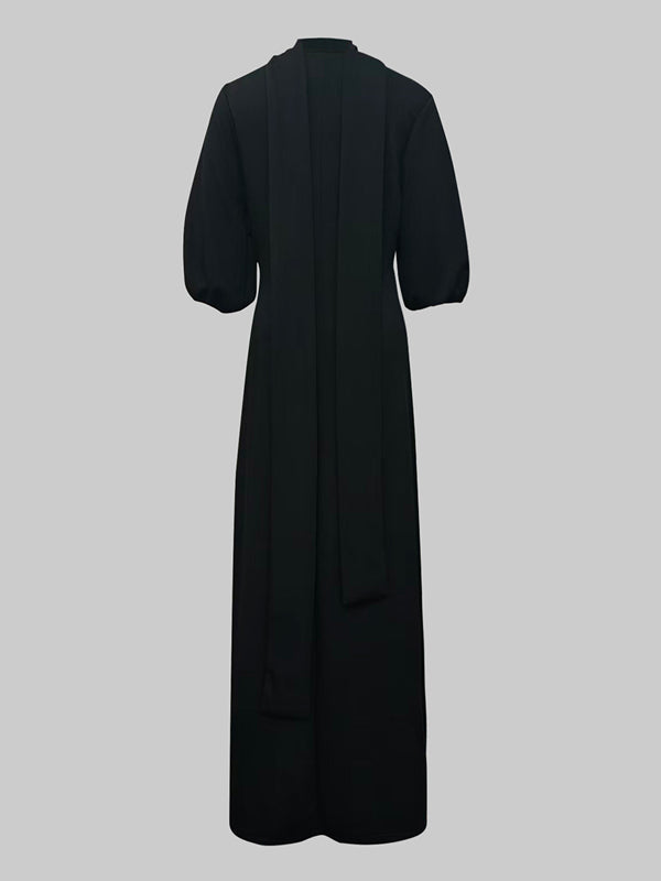 Loose Puff Sleeves Buttoned Split-side Mock Neck Maxi Dresses