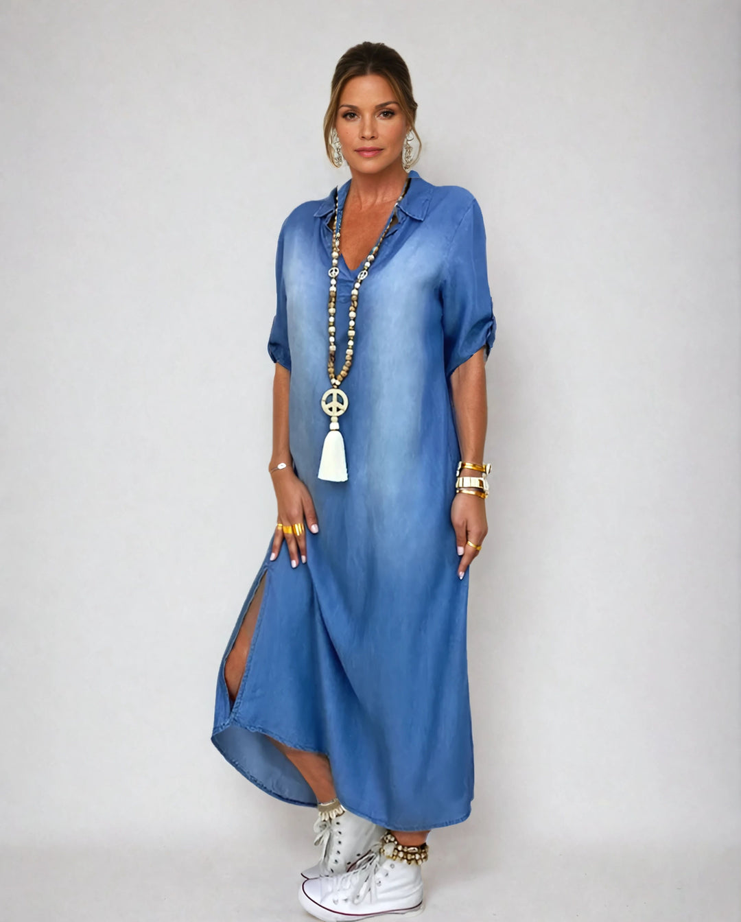 Lea™ | Stylish denim-look maxi dress with side slit