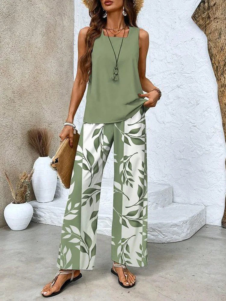 Female Solid Color 2-piece Sleeveless Vest + Printed Wide-leg Pants Set Casual Loose Holiday And Beach Daily Two-pieces Outfit