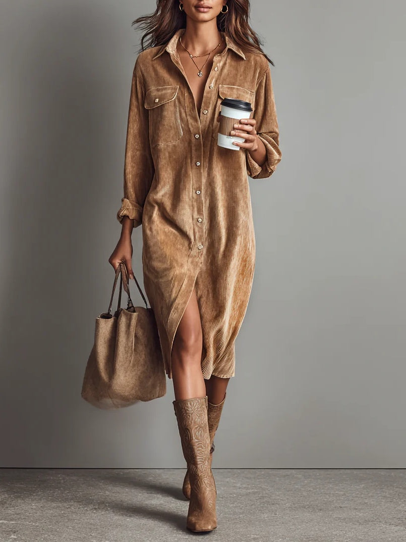 Loose Corduroy dress | Double Chest Pocket Single Breasted Midi Dress
