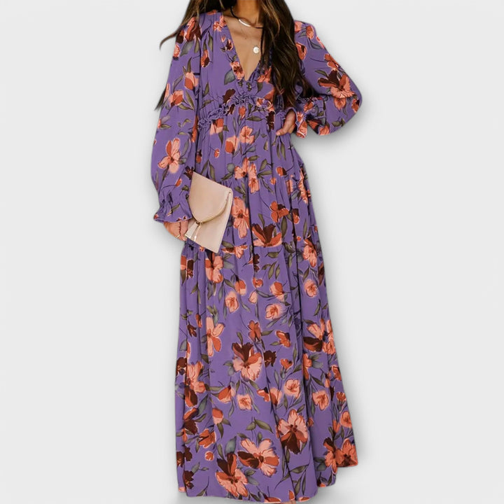 Solène™ | Elegant long floral dress with sleeves, perfect for any occasion