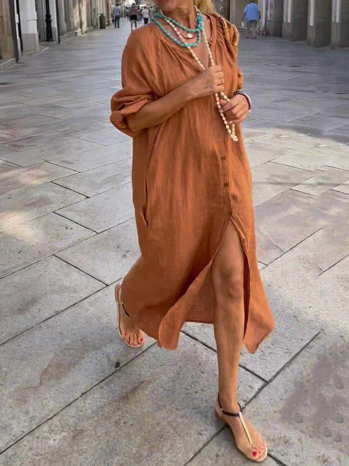 Antonia™ | Elegant long linen dress with button details